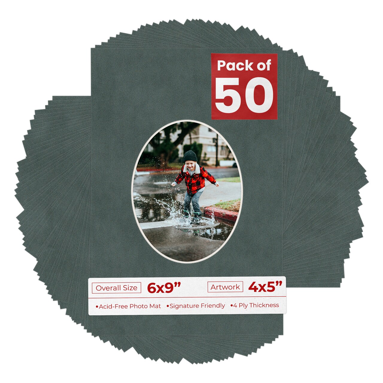 Dark Grey Suede Mat Board for 6x9 Frames - Oval Opening for 4x5 Photos